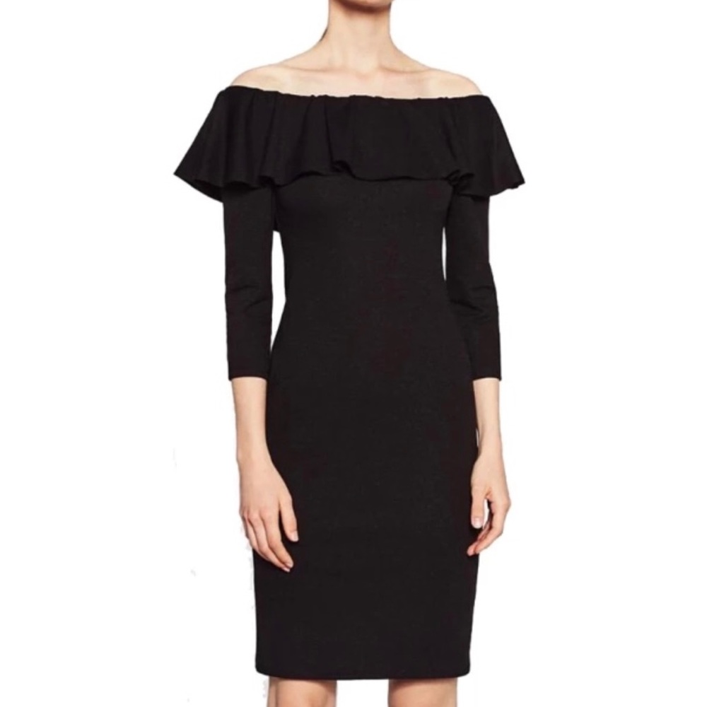 NWT Black Off-the-Shoulder Ruffled Flounce Long Sleeve Cocktail Dress Size L